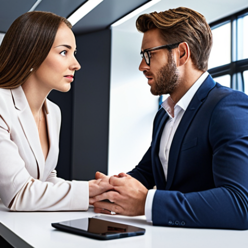 Home 4 **A confident professional in stylish business attire, sitting at a modern desk, negotiating a salary with a recruiter in a bright, tech-forward office setting.**