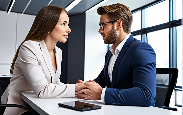**A confident professional in stylish business attire, sitting at a modern desk, negotiating a salary with a recruiter in a bright, tech-forward office setting.**
